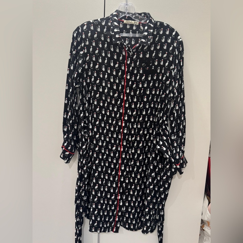 Black Cat Print Button-Up Shirt